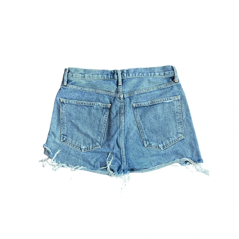 AGOLDE Rumi High Rise Distressed Denim Shorts Blue Button Fly Women's 27
